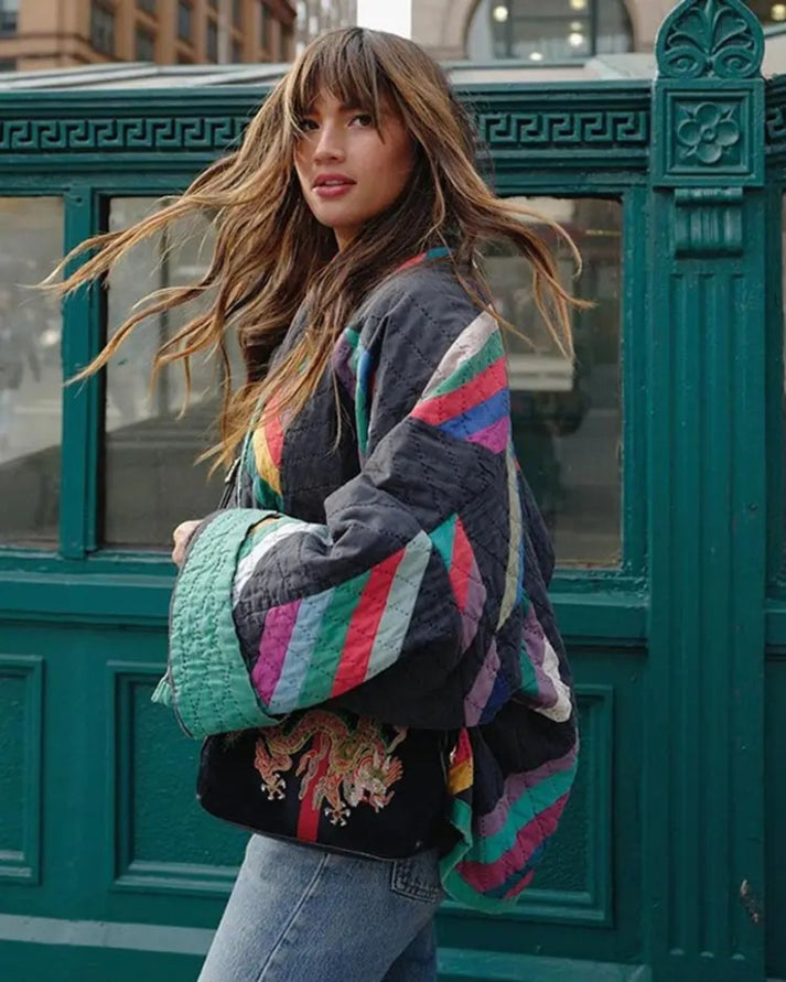 Women's Retro Open Front Quilted Jacket with Color Block Pattern