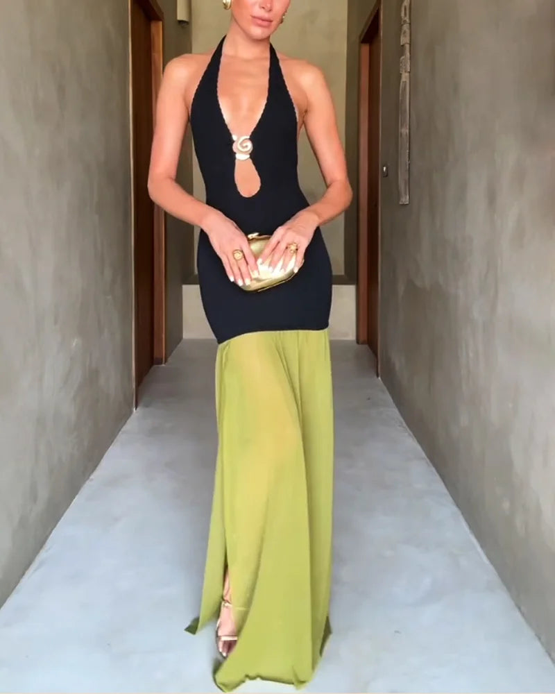 Women's Halter Neck Maxi Dress with Sheer Contrast Skirt Panel