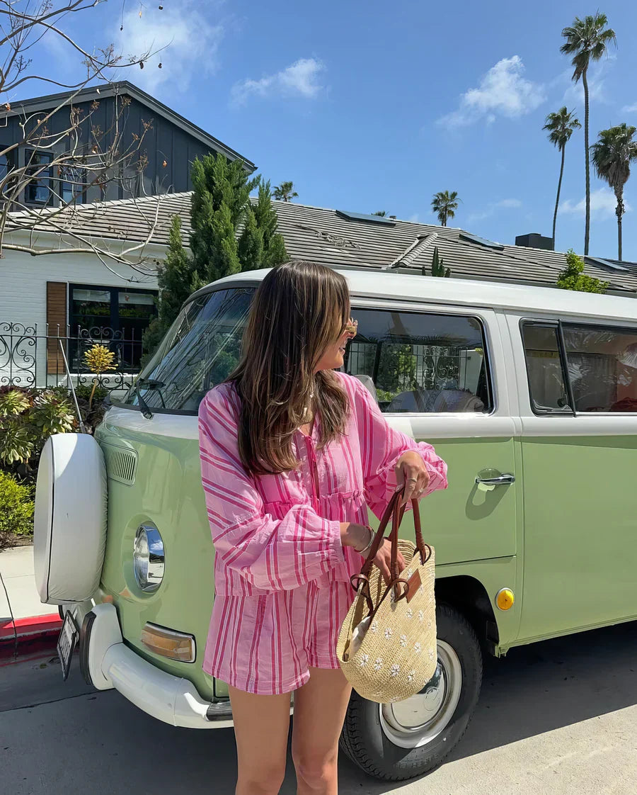 Women's Striped Two-Piece Set with Long-Sleeve Top and Shorts