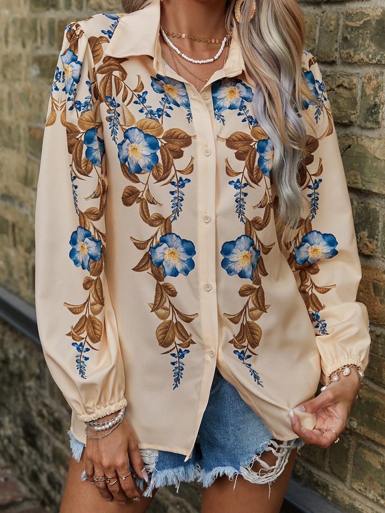 Women's Long-Sleeve Button-Up Blouse with Floral Print