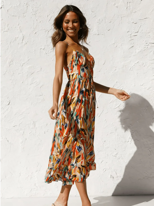 Women’s Floral V-Neck Midi Dress with Ruffled Hem