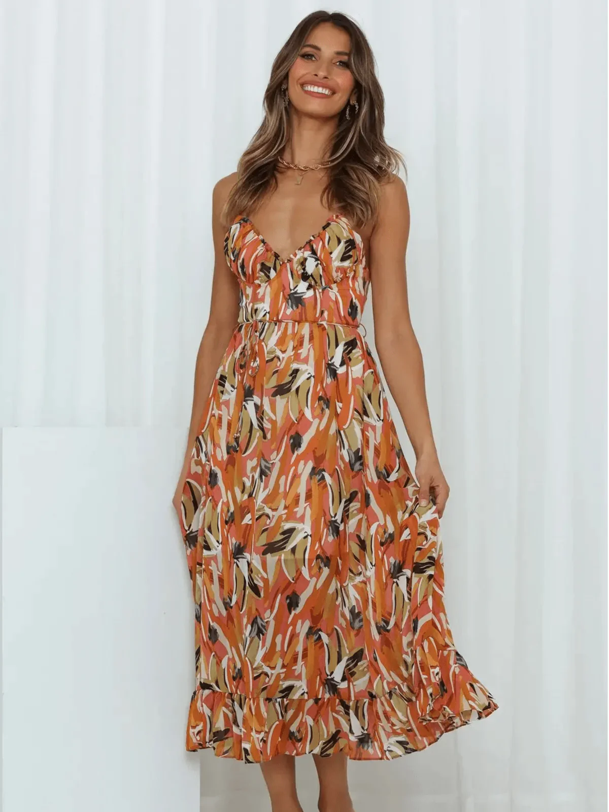 Women’s Floral V-Neck Midi Dress with Ruffled Hem