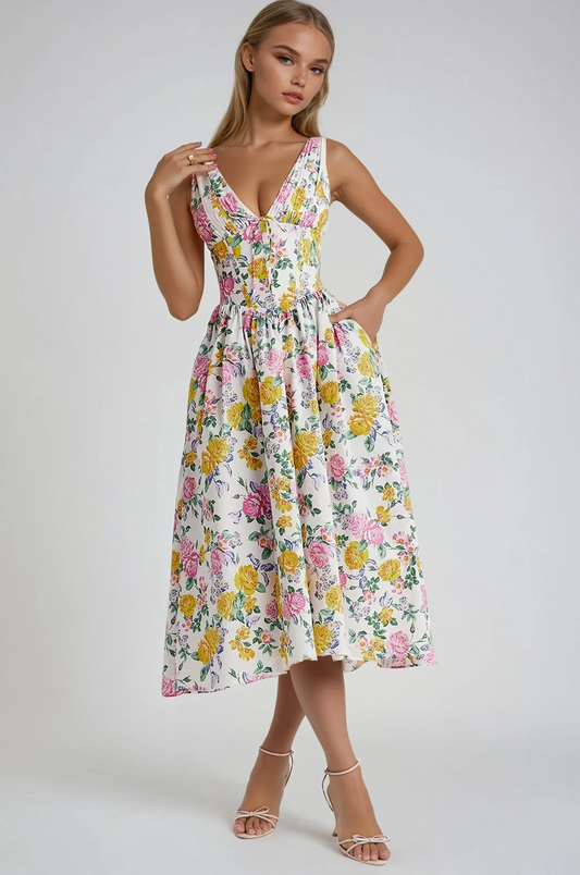 Women's Floral Corset Midi Dress with V-Neck and Full Skirt