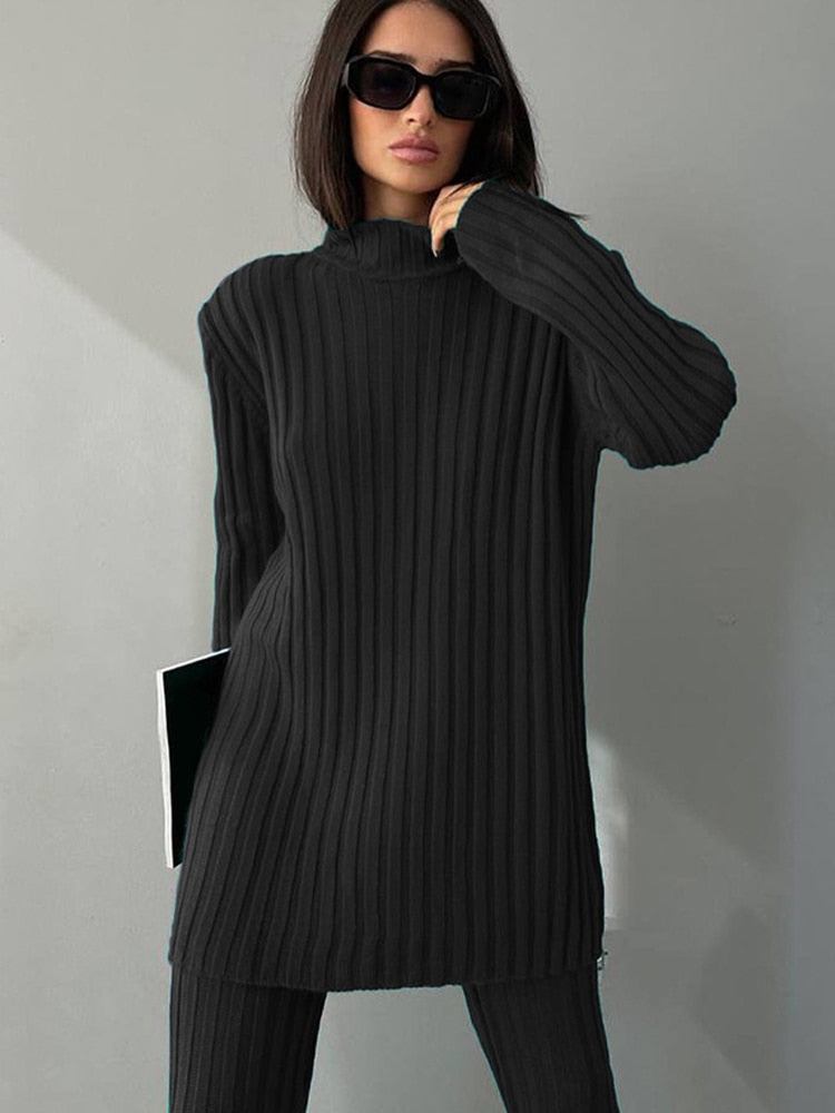 Women's 2-Piece Co-ord Loungewear Set with Ribbed Flared Pants