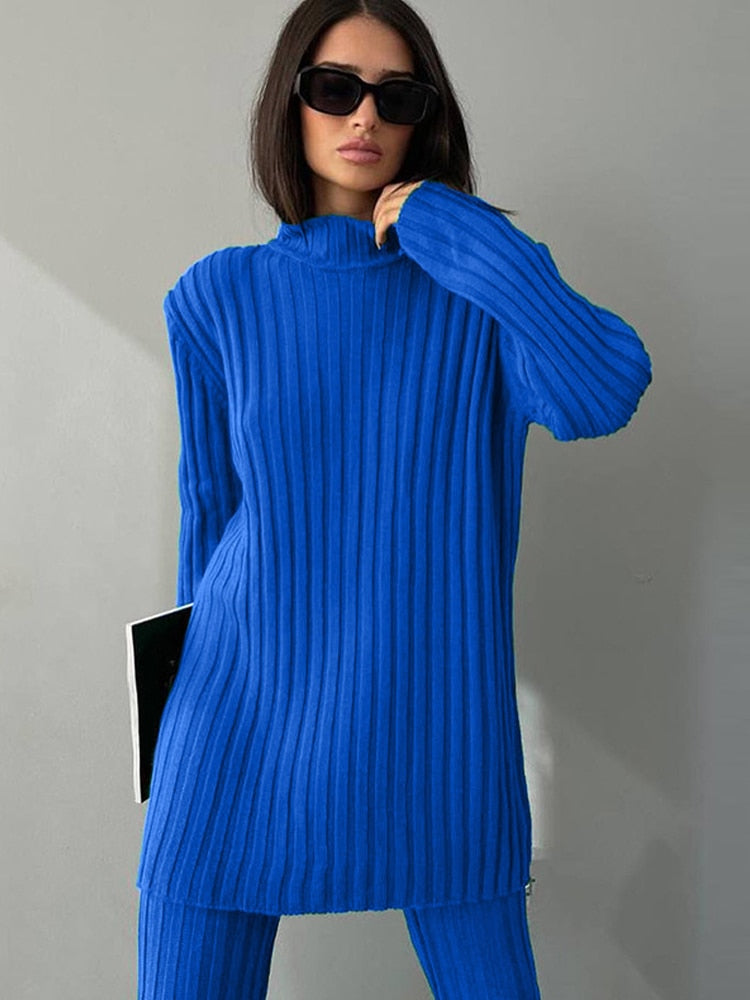 Women's 2-Piece Co-ord Loungewear Set with Ribbed Flared Pants