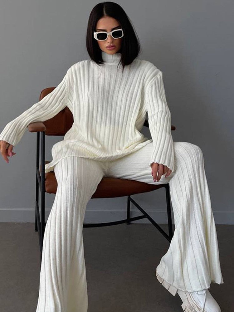 Women's 2-Piece Co-ord Loungewear Set with Ribbed Flared Pants
