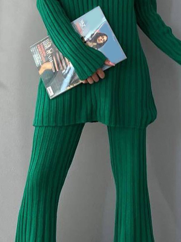 Women's 2-Piece Co-ord Loungewear Set with Ribbed Flared Pants