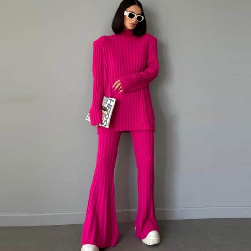 Women's 2-Piece Co-ord Loungewear Set with Ribbed Flared Pants