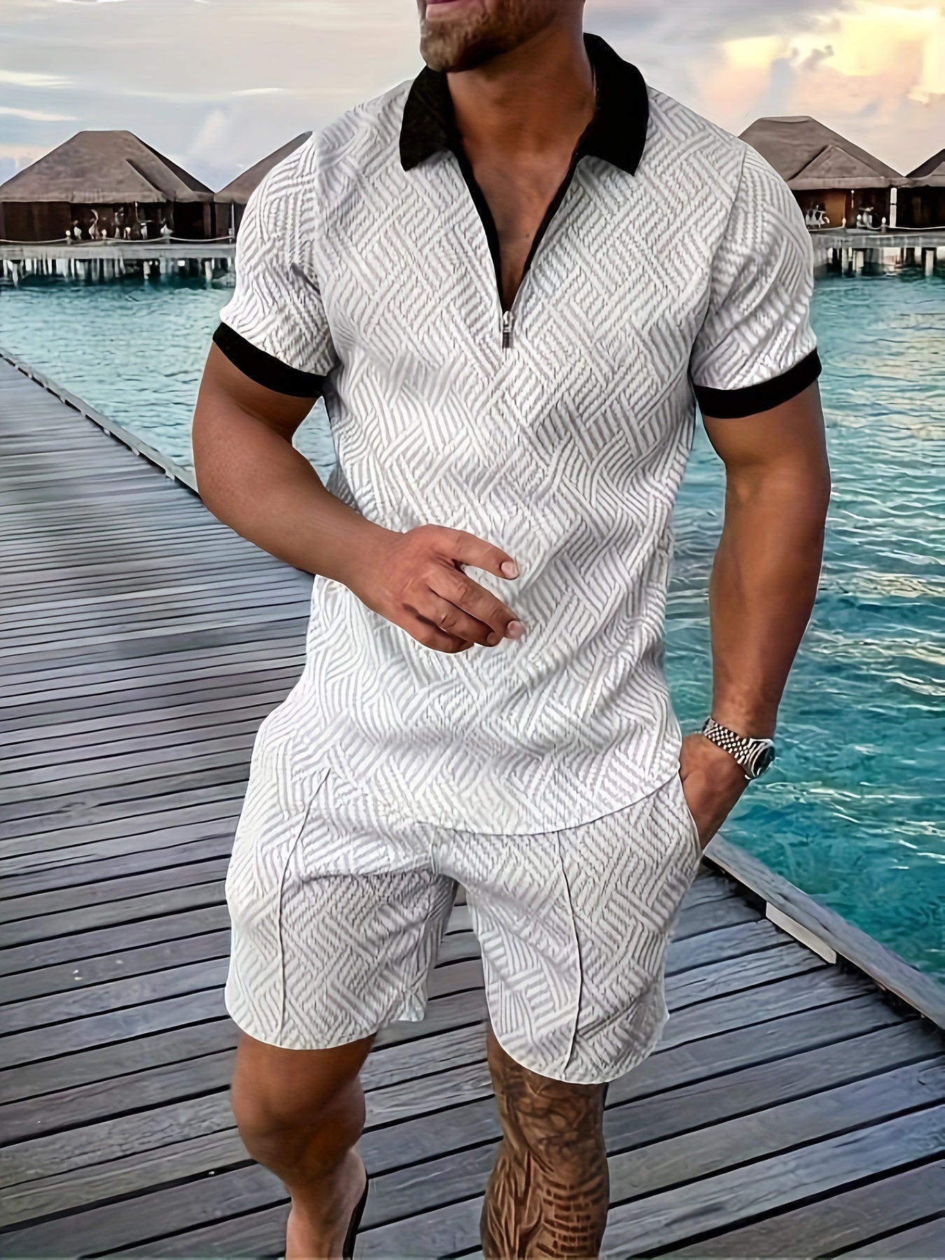 Men's Geometric Zip-Up Set for Casual Style