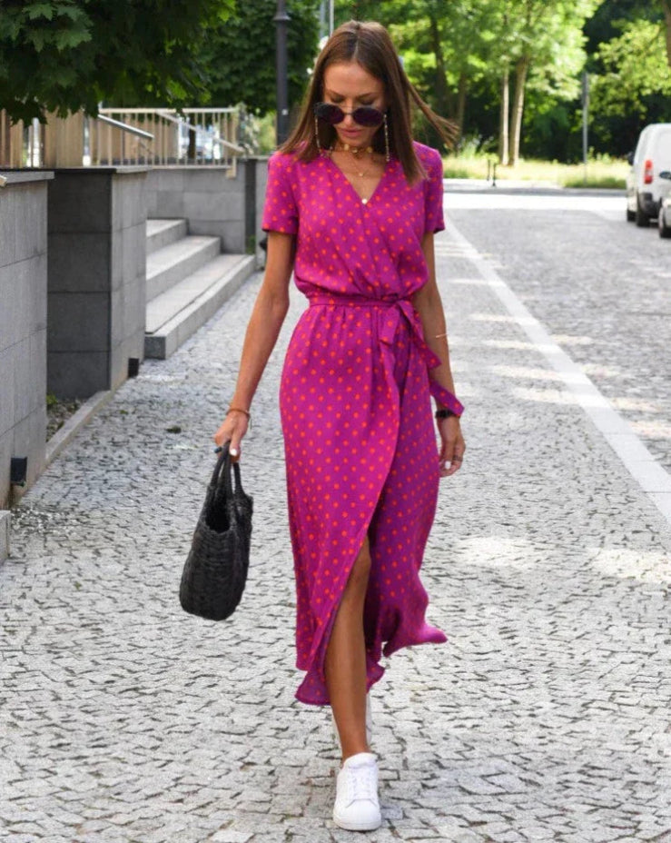 Women’s Summer Wrap Dress – Floral Print V-Neck Casual Midi