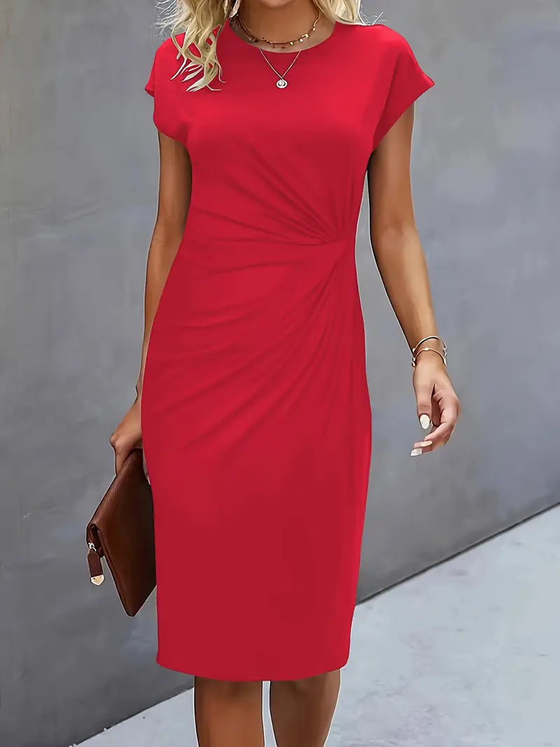 Women's Knee-Length Sheath Dress with Ruched Waist and Cap Sleeves