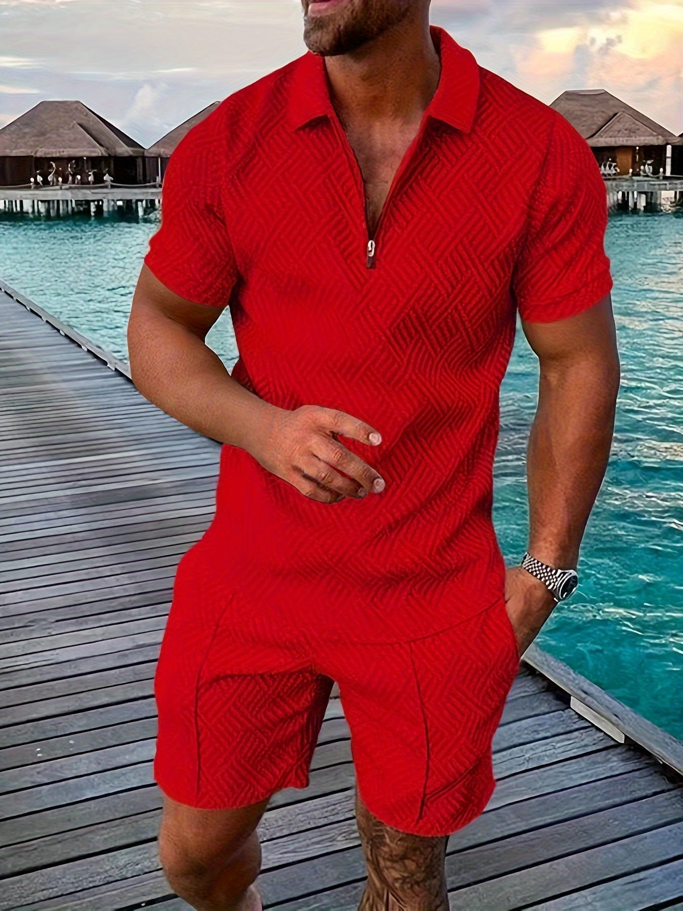 Men's Geometric Zip-Up Set for Casual Style