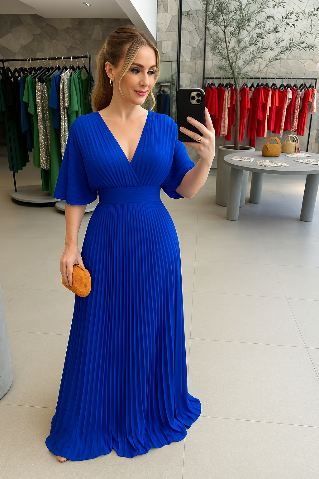 Women’s Elegant Maxi Dress with Pleated Skirt and Wide Sleeves