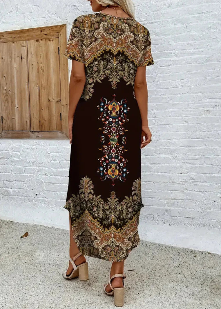 Women's Boho Maxi Dress with Short Sleeves and Ornate Print Design