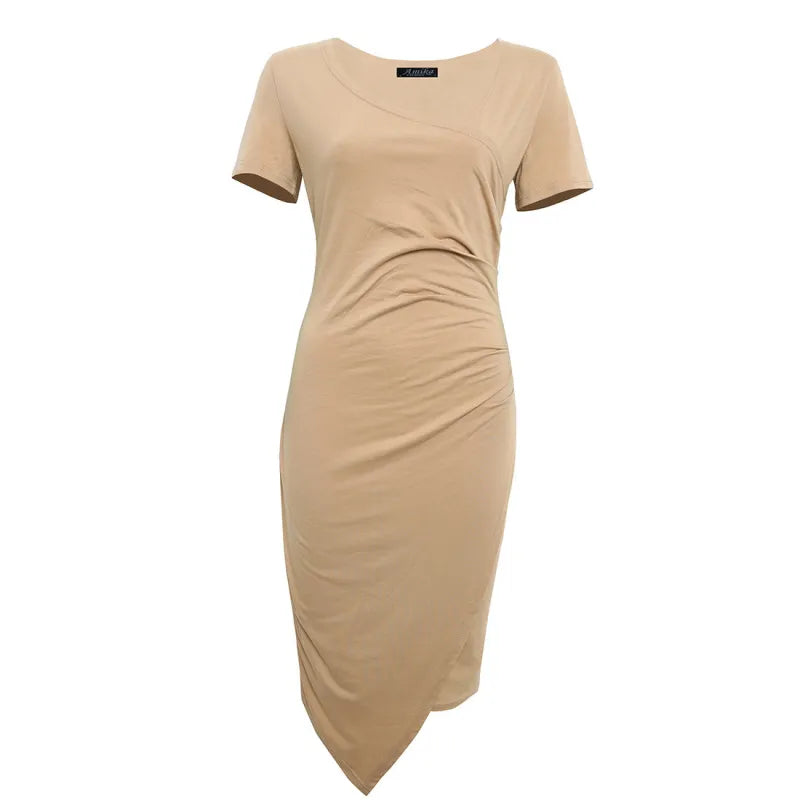 Women's Knee-Length Sheath Dress with Ruched Waist and Cap Sleeves