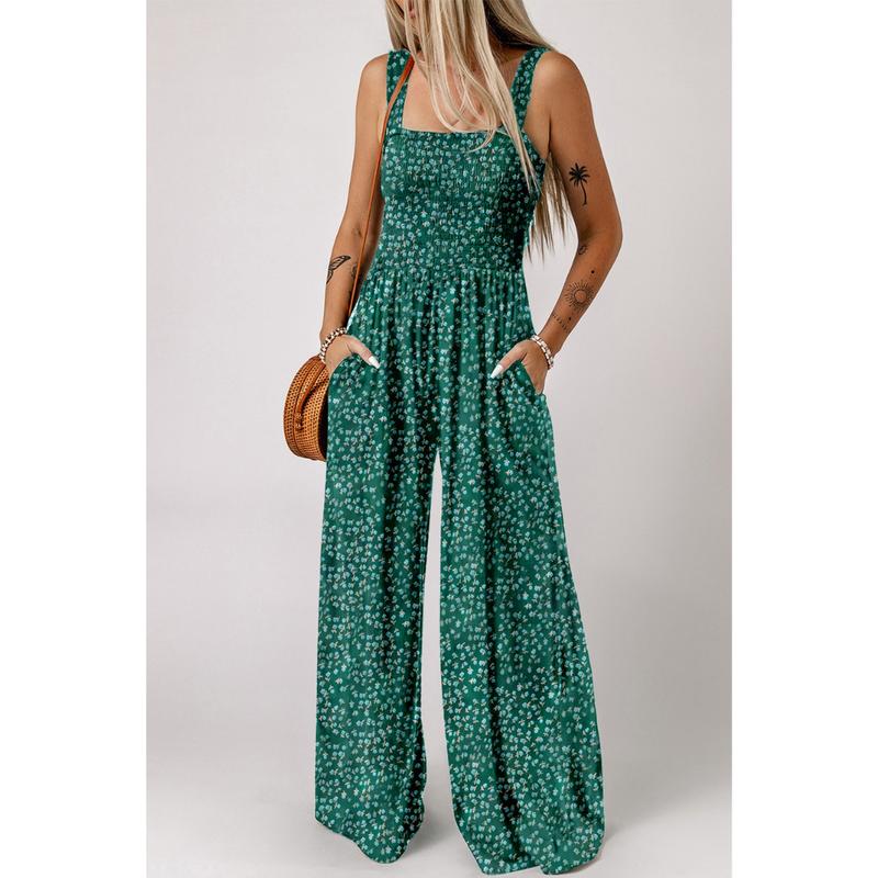 Women's Floral Wide-Leg Jumpsuit with Smocked Bodice and Pockets