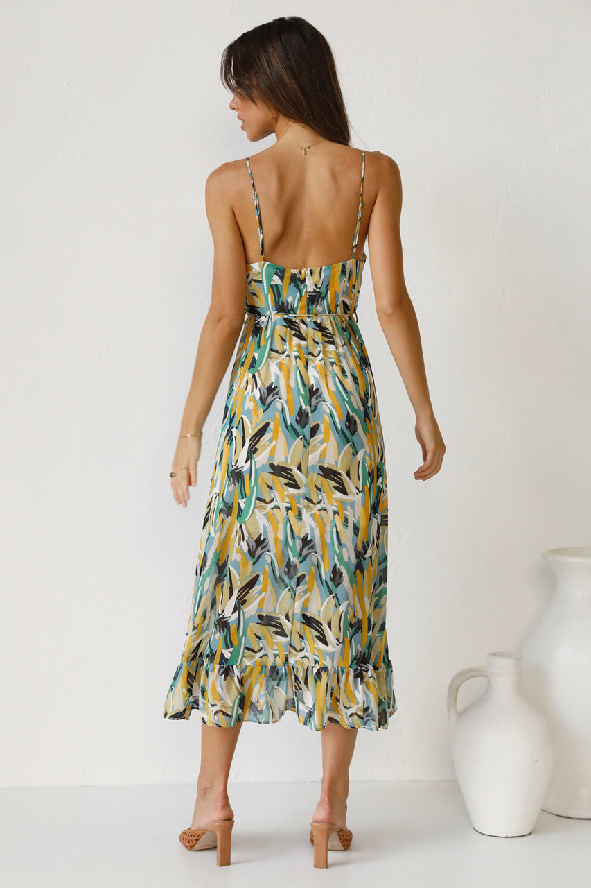 Women’s Floral V-Neck Midi Dress with Ruffled Hem
