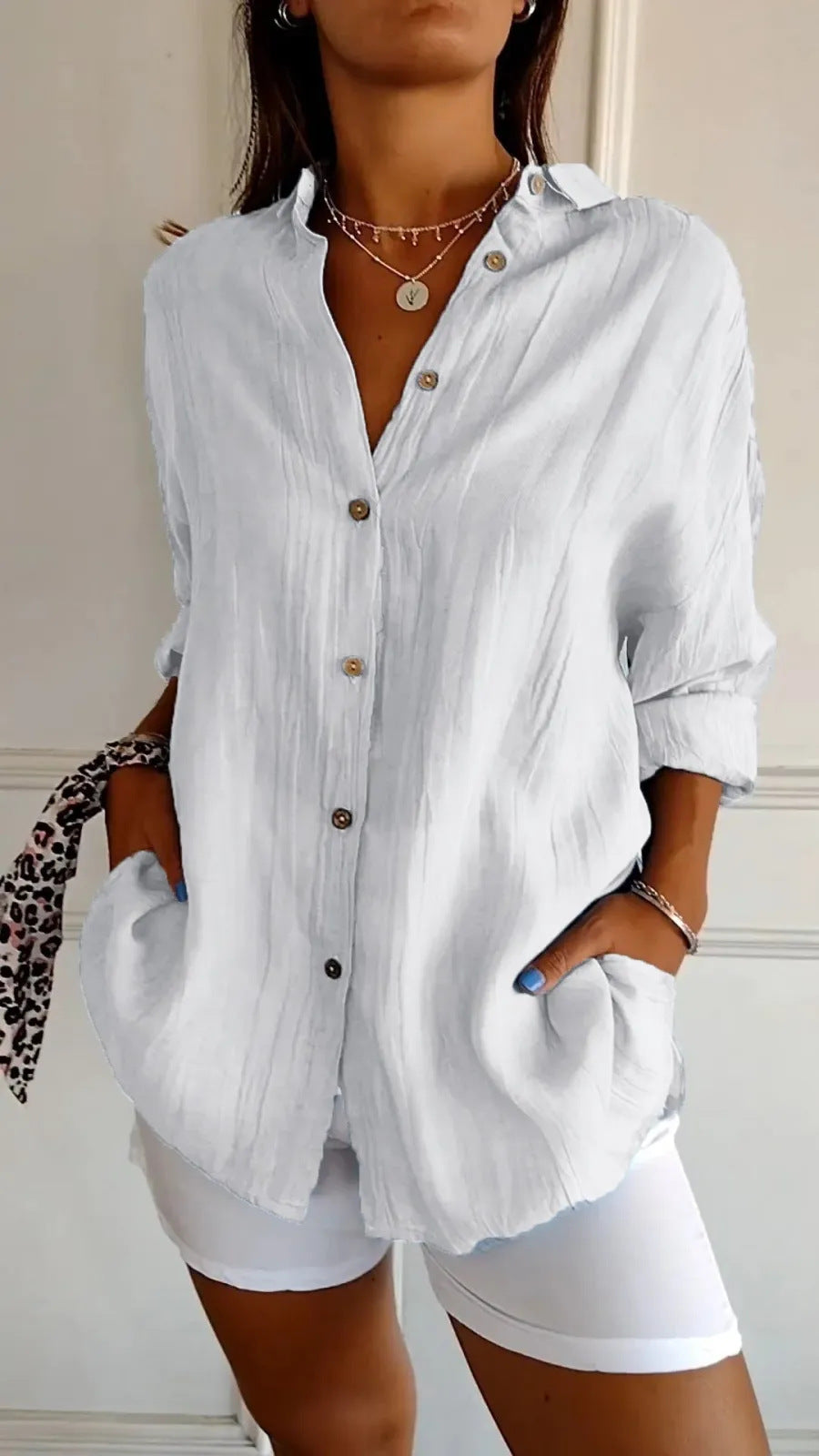 Women's Button-Down Shirt with Lapel and Long Sleeves