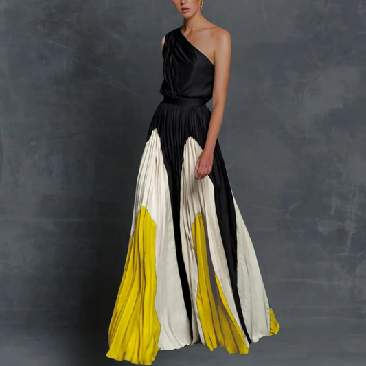 Women's One-Shoulder Pleated Maxi Dress with Colorblock Skirt