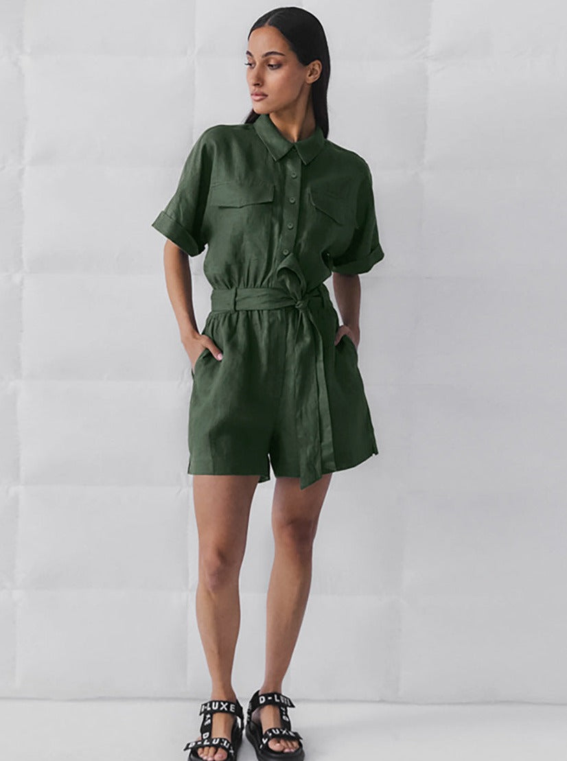 Women's Short Sleeve Belted Button-Up Jumpsuit with Flowy Shorts