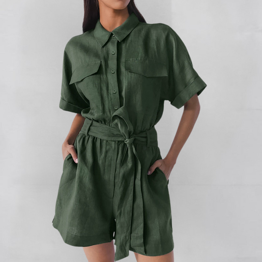 Women's Short Sleeve Belted Button-Up Jumpsuit with Flowy Shorts