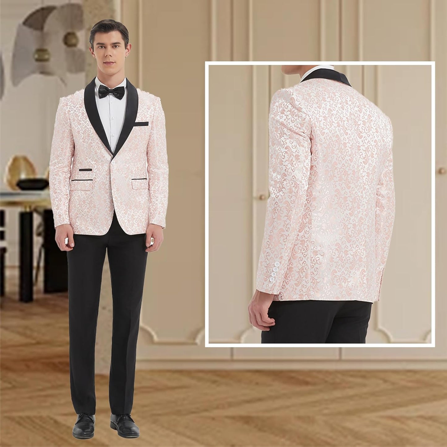 Men's Tuxedo Suit with Shiny Lapel and Patterned Blazer Two Piece Set