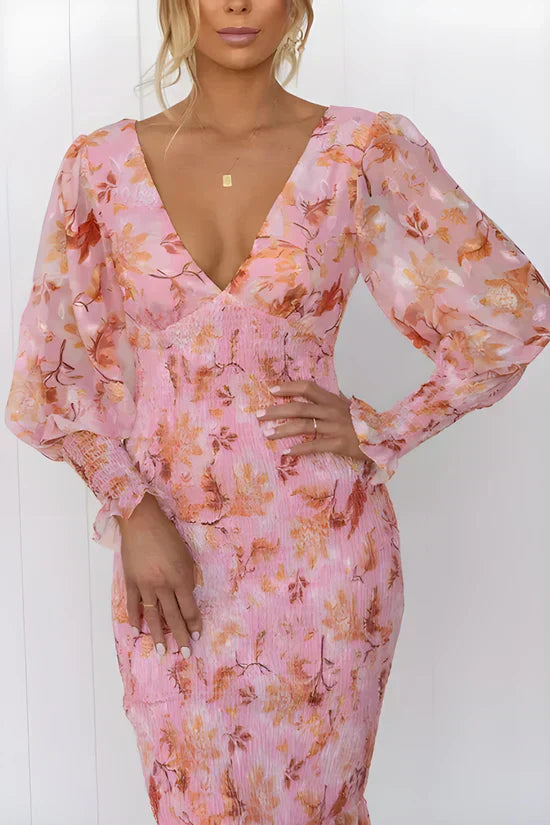 Women's Long-Sleeve Maxi Dress with Floral Print and Ruffled Hem