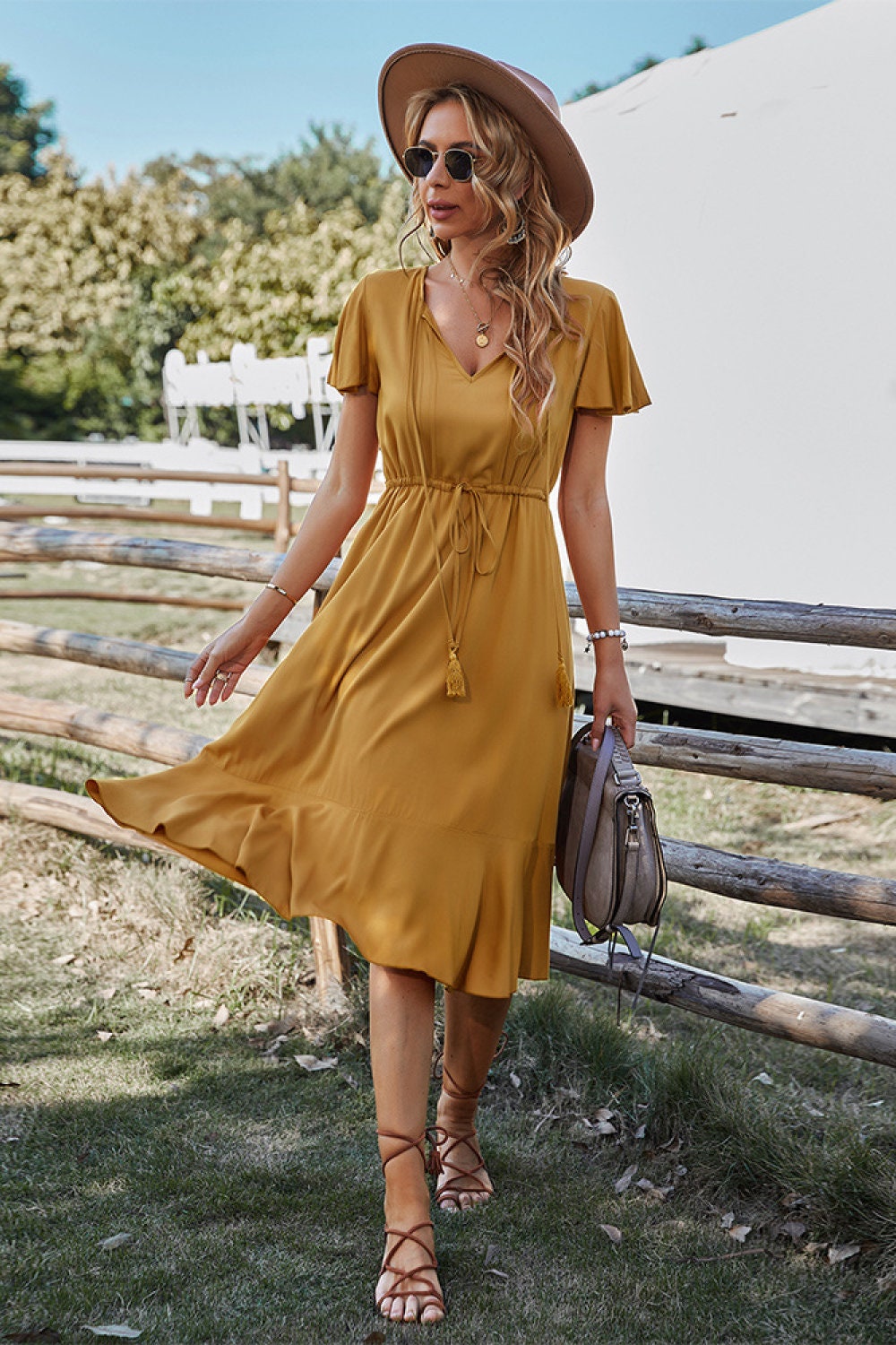 Women's Short Sleeve Midi Dress with Drawstring Waist Detail