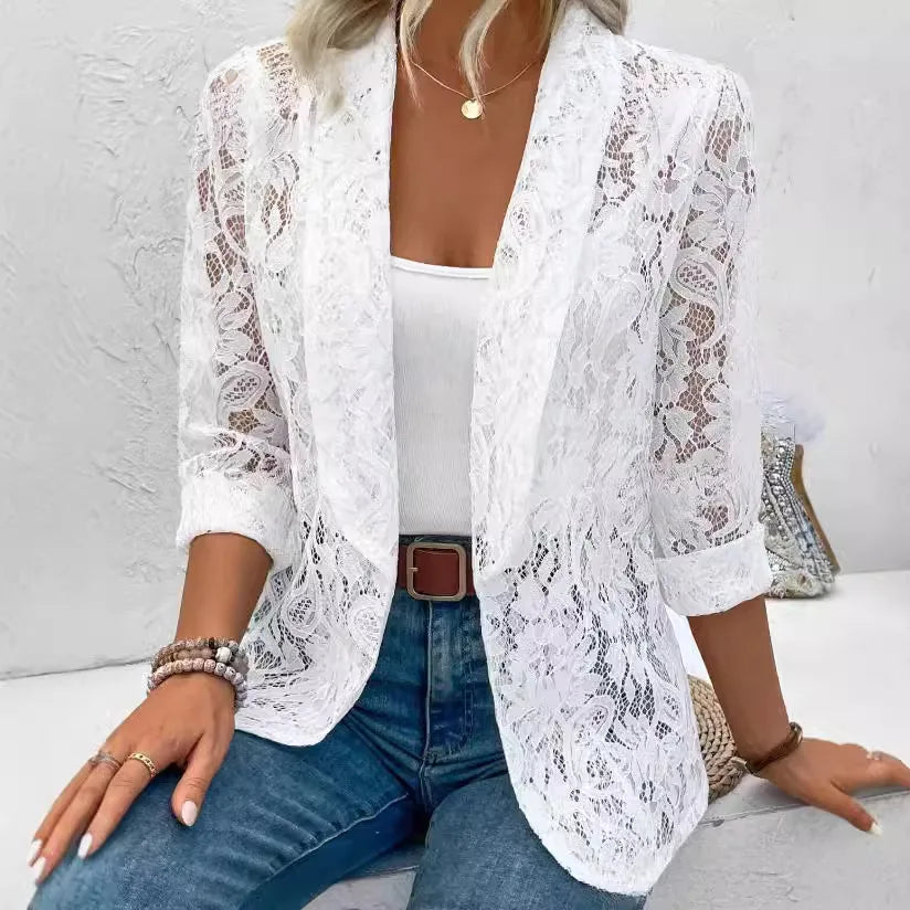 Women's Long-Sleeve Lace Blazer with Open Front