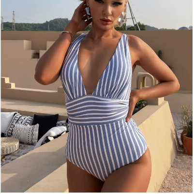 Women's Striped V-Neck One-Piece Swimsuit