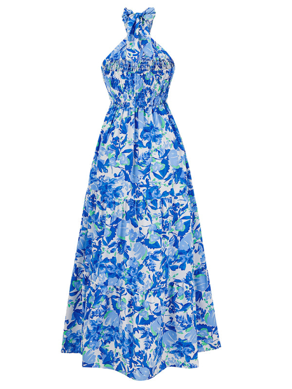 Women's Halter Neck Maxi Dress with Tropical Print and Shirred Waist