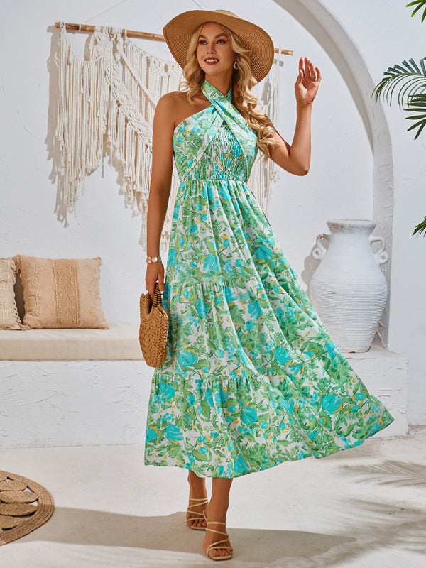 Women's Halter Neck Maxi Dress with Tropical Print and Shirred Waist