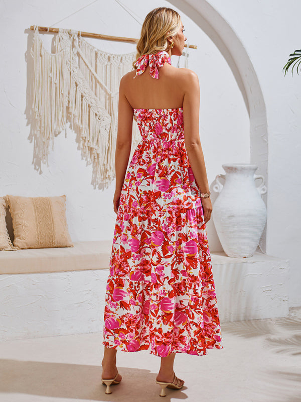 Women's Halter Neck Maxi Dress with Tropical Print and Shirred Waist