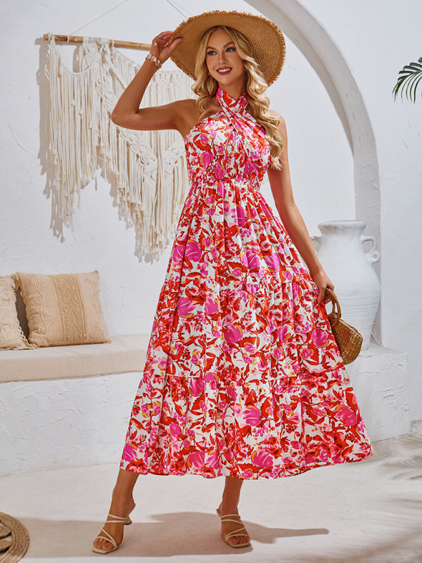 Women's Halter Neck Maxi Dress with Tropical Print and Shirred Waist