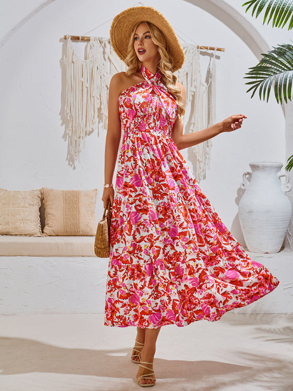 Women's Halter Neck Maxi Dress with Tropical Print and Shirred Waist