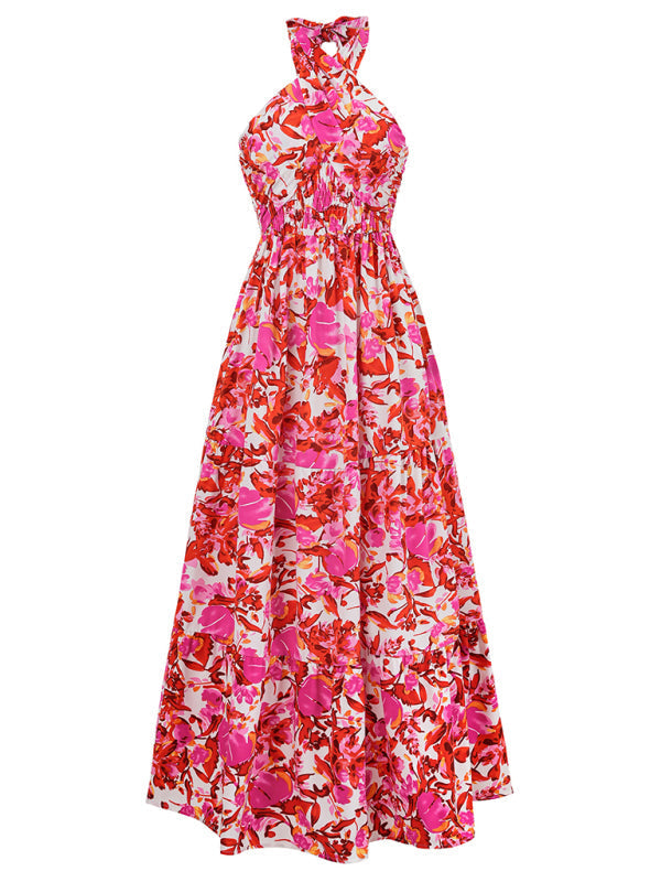 Women's Halter Neck Maxi Dress with Tropical Print and Shirred Waist