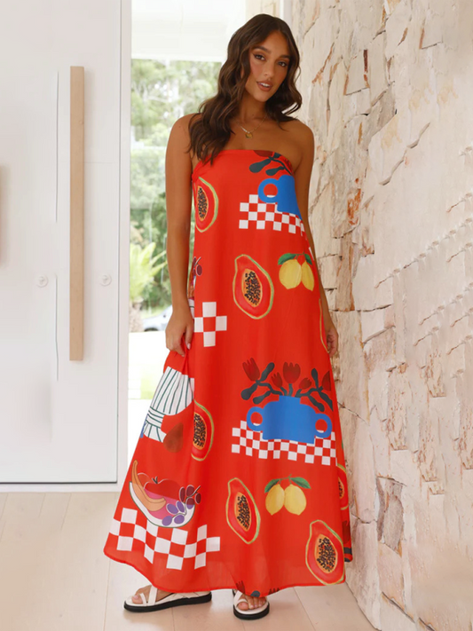 Women's Tropical Print Strapless Maxi Dress with Flowy Design