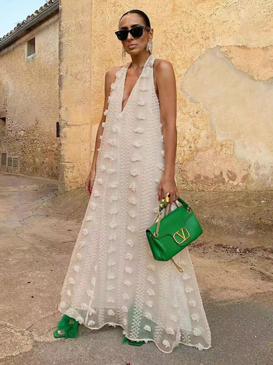 Women's Halterneck Maxi Dress with 3D Flowers