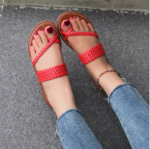 Women's Flat Braided Slip-On Sandals with Double Strap Design