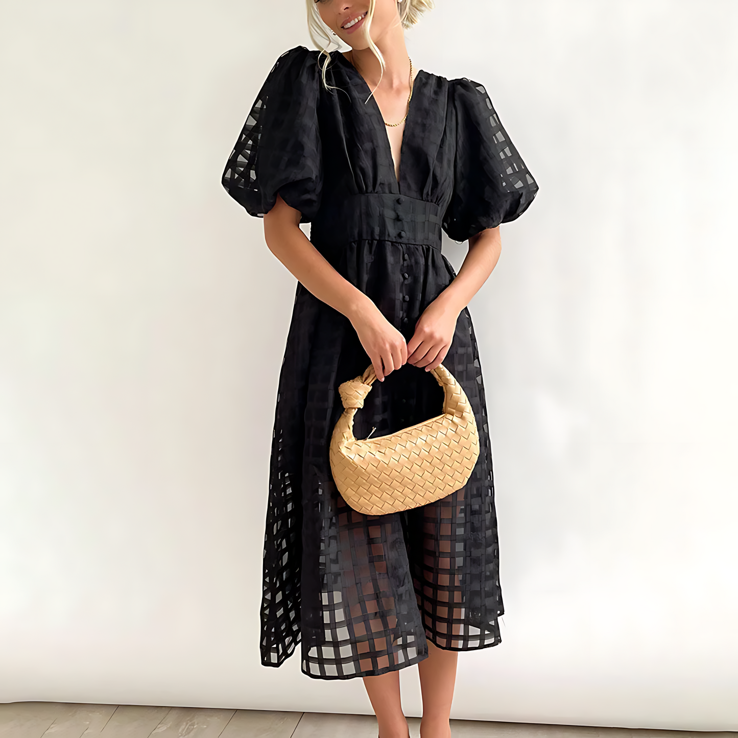 Women's Maxi Dress with Sheer Grid Overlay and Puff Sleeves