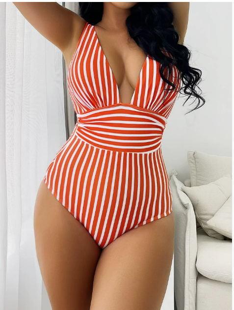Women's Striped V-Neck One-Piece Swimsuit