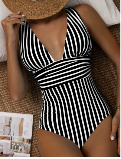 Women's Striped V-Neck One-Piece Swimsuit