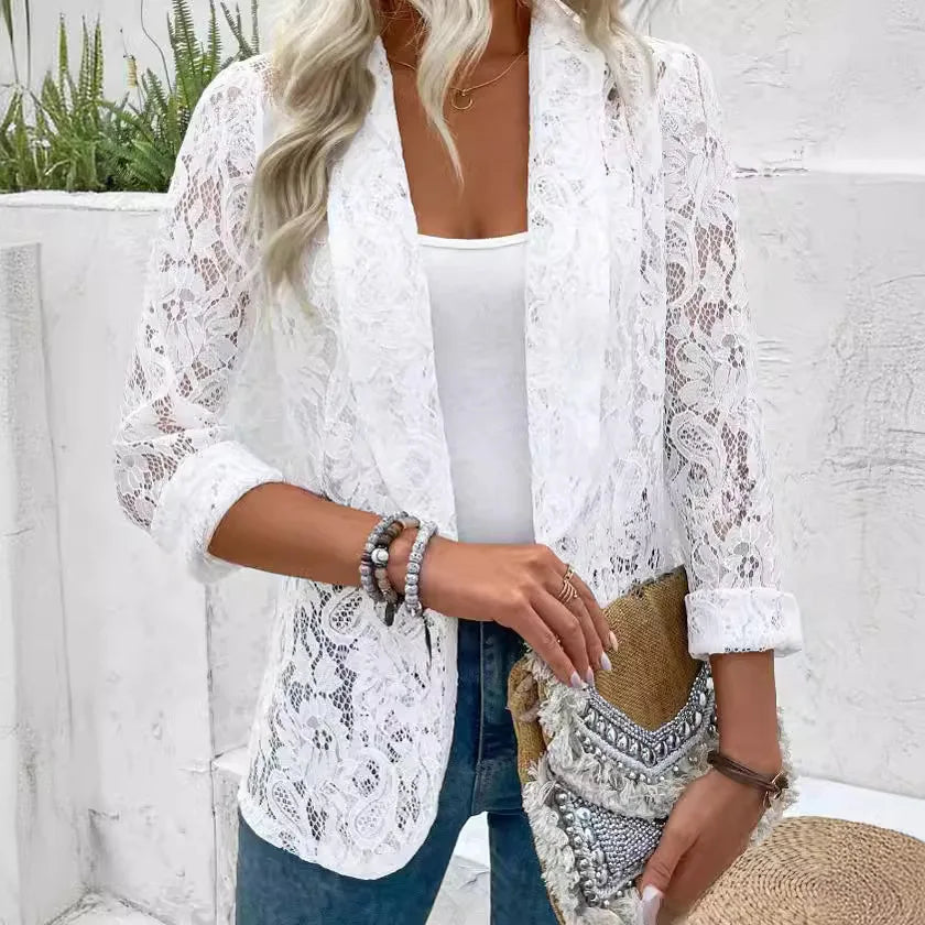 Women's Long-Sleeve Lace Blazer with Open Front