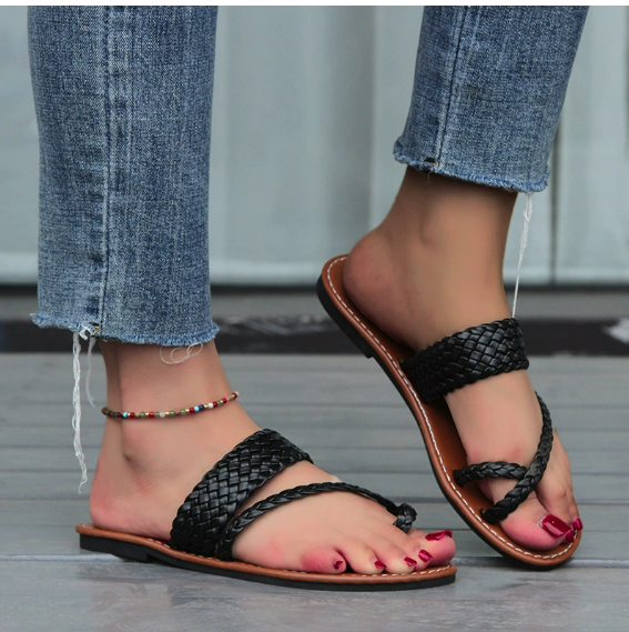 Women's Flat Braided Slip-On Sandals with Double Strap Design
