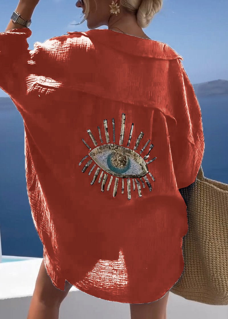 Women's Oversized Long-Sleeve Shirt with Embroidered Back Detail