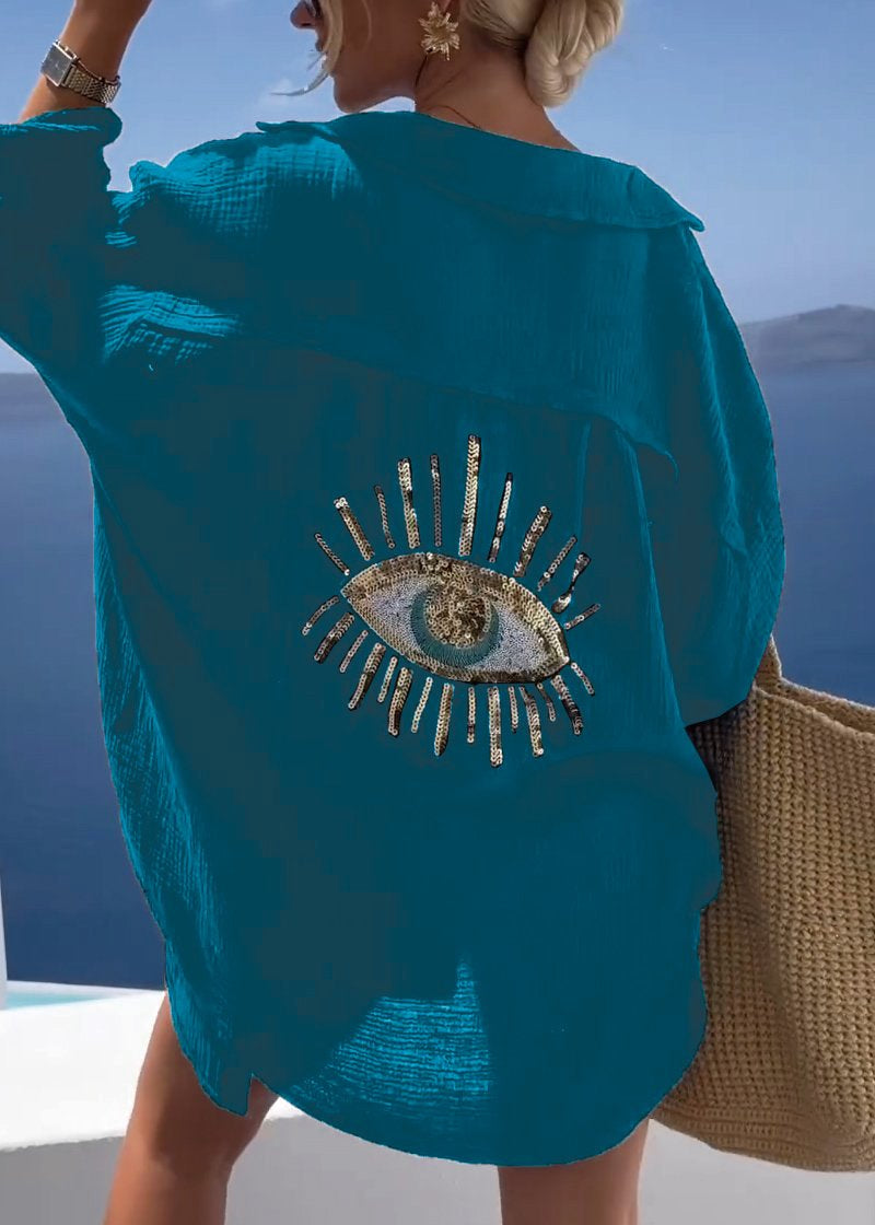 Women's Oversized Long-Sleeve Shirt with Embroidered Back Detail