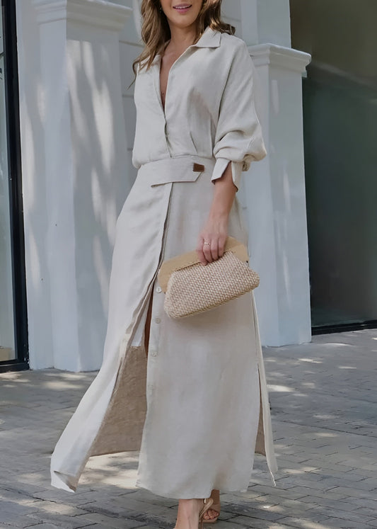 Women's Belted Shirt Maxi Dress with Front Slit and Button Detail