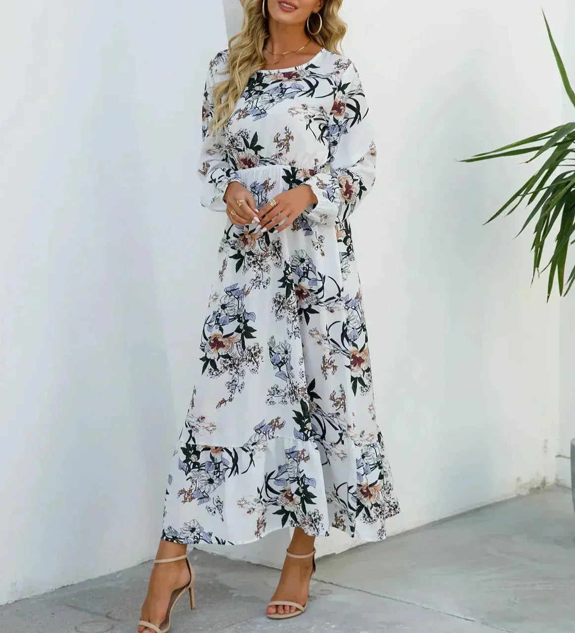 Women's Long Sleeve Maxi Dress with Floral Print and Flowing Fit
