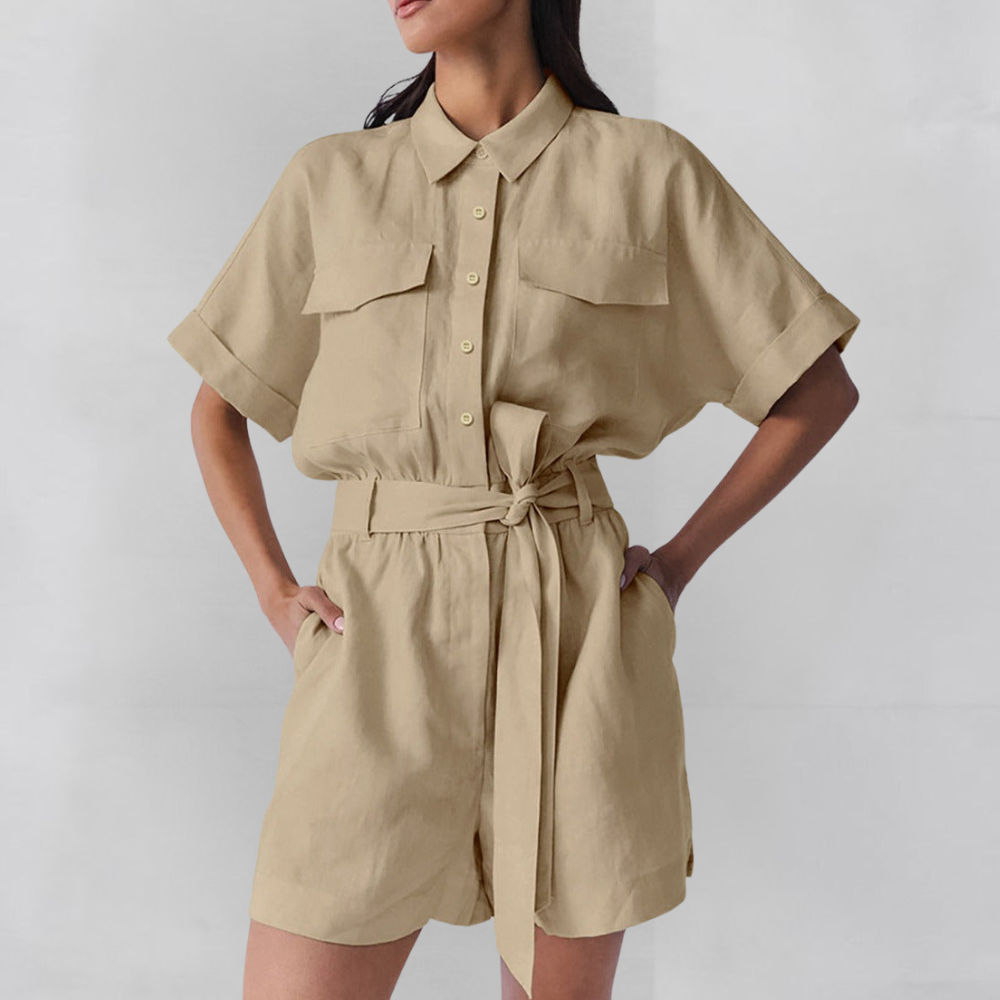 Women's Short Sleeve Belted Button-Up Jumpsuit with Flowy Shorts