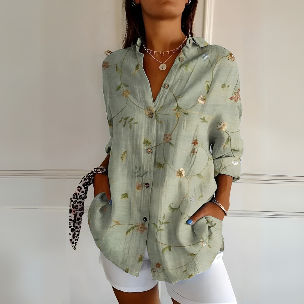 Women's Floral Button-Up Blouse with Long Sleeves and Relaxed Fit
